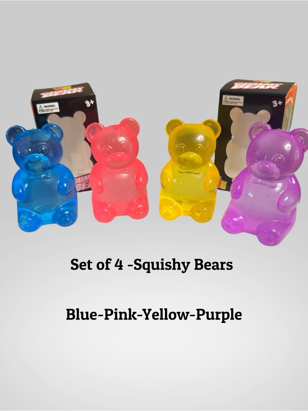 Set of 4 Squishy Sensory Gummy  Bears - Blue, Pink, Yellow, Purple